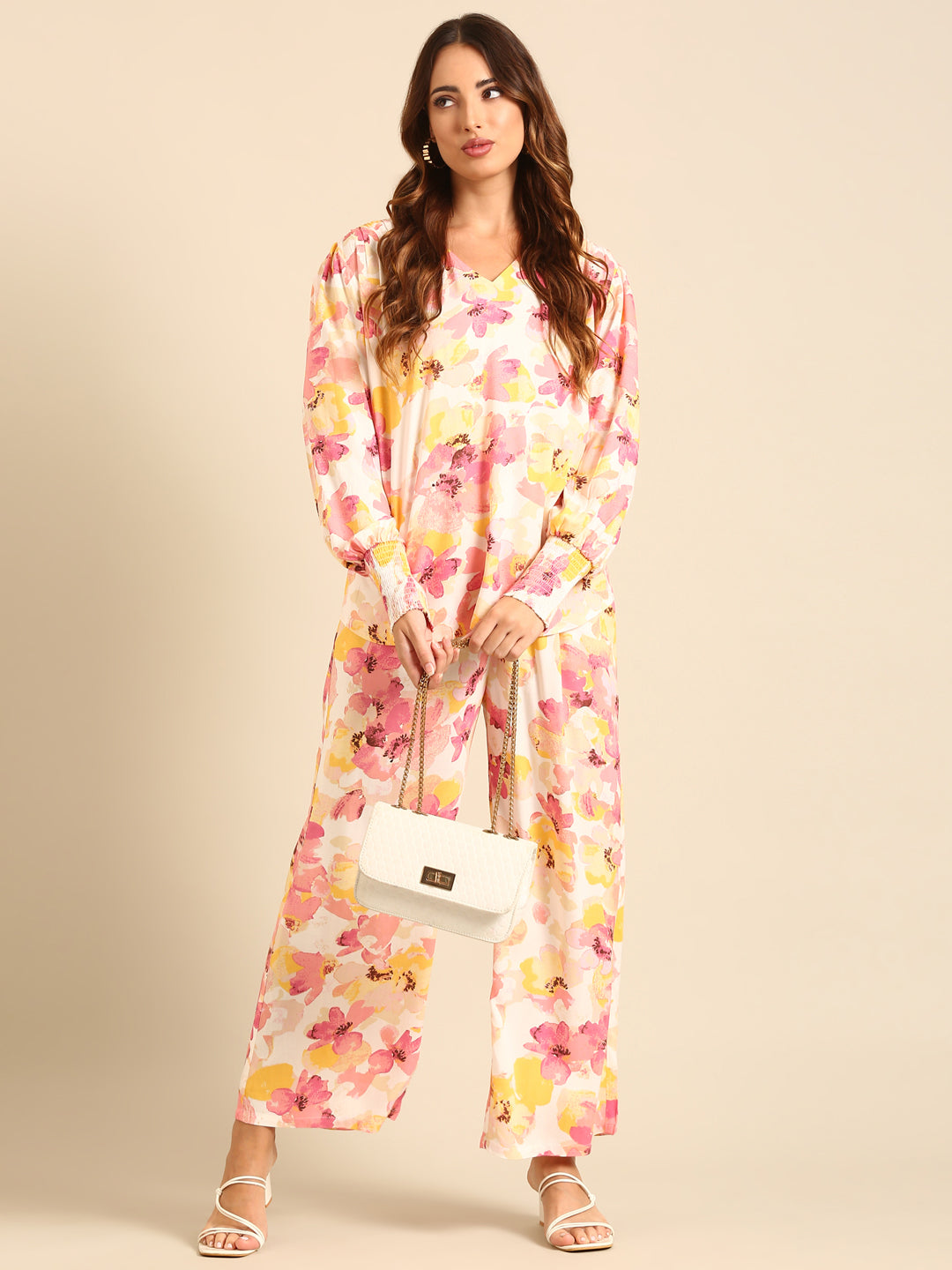 Co-Ord Set Floral Print (Casual Top & Palazzo)-Pink - De Moza