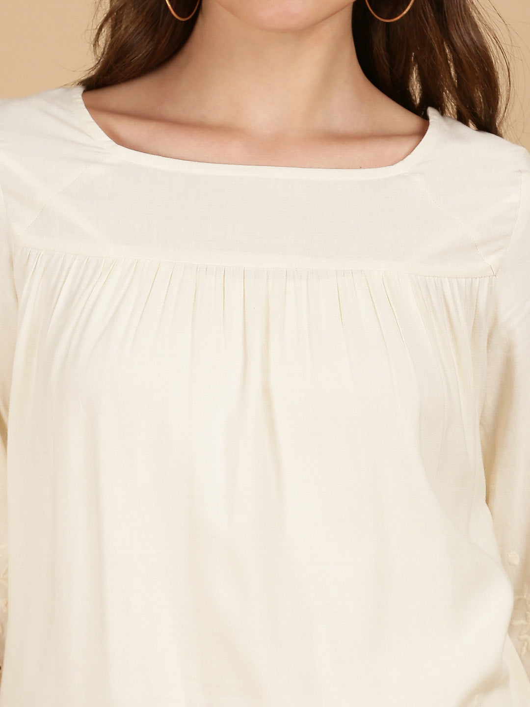 De Moza Women Woven Rayon Boxy Fit Top Natural