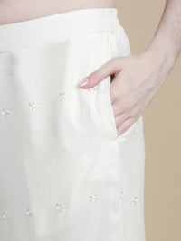 De Moza Women Woven Viscose Narrow Palazzo Schiffly with Functional Pockets White - De Moza