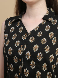 De Moza Women Woven Rayon Regular Fit Printed Sleeveless Top with Collared Neck Black - De Moza