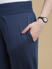 De Moza Women Knitted Viscose Stretch Regular Fit Flared Pant with Functional Pockets Navy Blue - De Moza