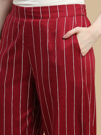 De Moza Women Woven Rayon Dobby Loose Fit Printed Straight Palazzo Pant with Functional Pockets Burgundy - De Moza