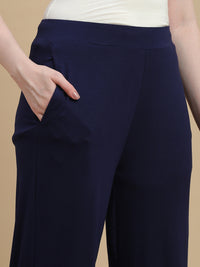 De Moza Women Knitted Viscose Stretch Slim Fit Palazzo Pant with Functional Pocket Dark Navy - De Moza