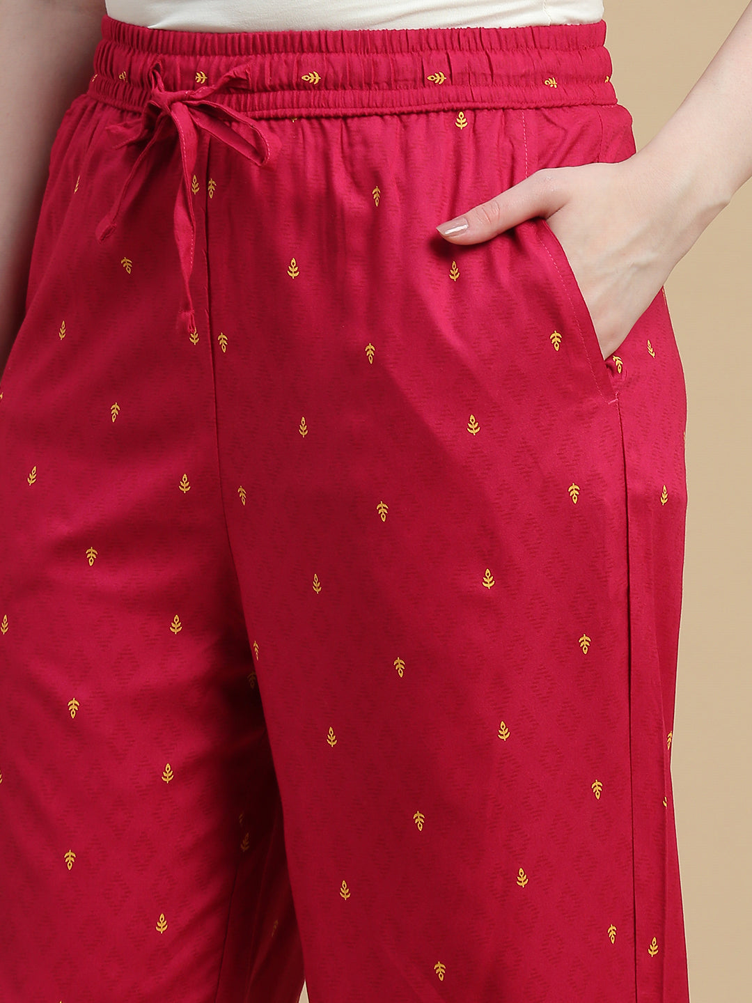 De Moza Women Woven Rayon Straight Fit Printed Straight Pant with Functional Pockets Fuchsia - De Moza