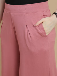De Moza Women Knitted Viscose Stretch Large Pleated Palazzo Pant with Functional Pockets Dusty Pink - De Moza