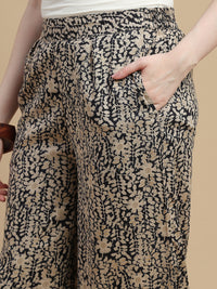 De Moza Women Woven Rayon Regular Fit Printed Straight Palazzo Pant with Functional Pockets Black - De Moza