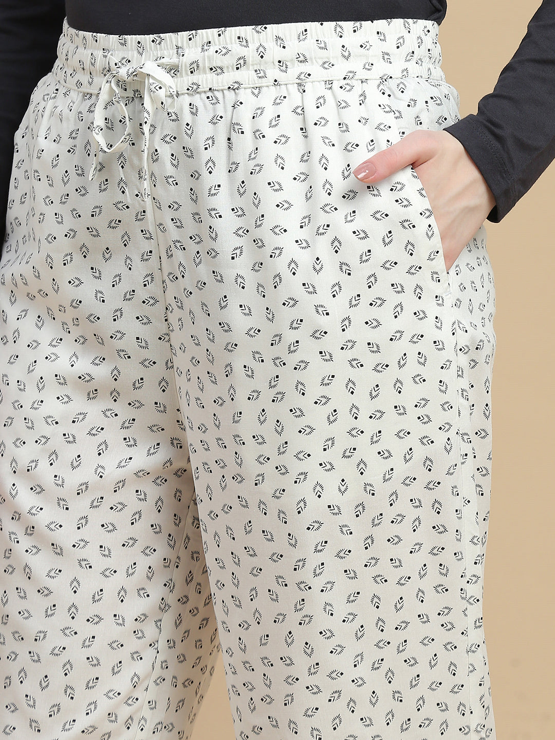 De Moza Women Woven Rayon Straight Fit Printed Straight Pant with Functional Pockets Offwhite - De Moza