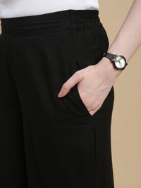 De Moza Women Woven Viscose Flex Regular Fit Schiffly Narrow Palazzo Pant with Functional Pockets Black - De Moza