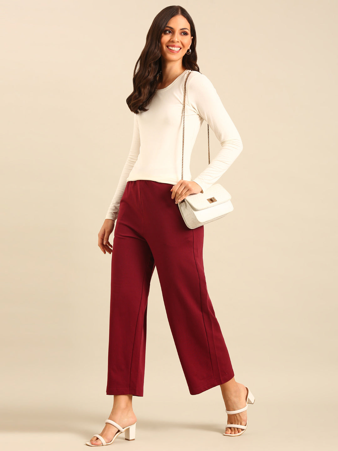 Wide Leg Casual Pant-Burgundy - De Moza