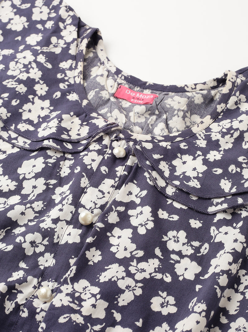De Moza Girls Printed Top Dark Blue