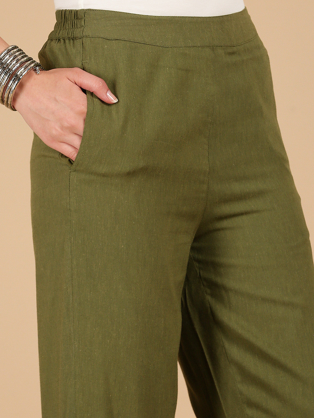 De Moza Women Woven Rayon Regular Fit Palazzo with Functional Pockets Olive Green - De Moza