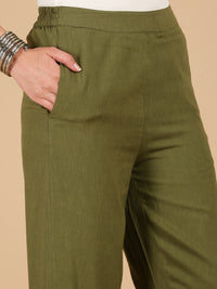 De Moza Women Woven Rayon Regular Fit Palazzo with Functional Pockets Olive Green - De Moza