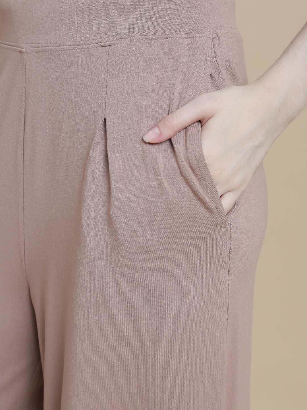 De Moza Women Knitted Viscose Pleated Palazzo with Functional Pockets Taupe - De Moza