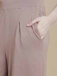 De Moza Women Knitted Viscose Pleated Palazzo with Functional Pockets Taupe - De Moza