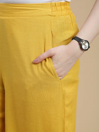 De Moza Women Woven Viscose Flex Regular Fit Schiffly Narrow Palazzo Pant with Functional Pockets Lime Yellow - De Moza