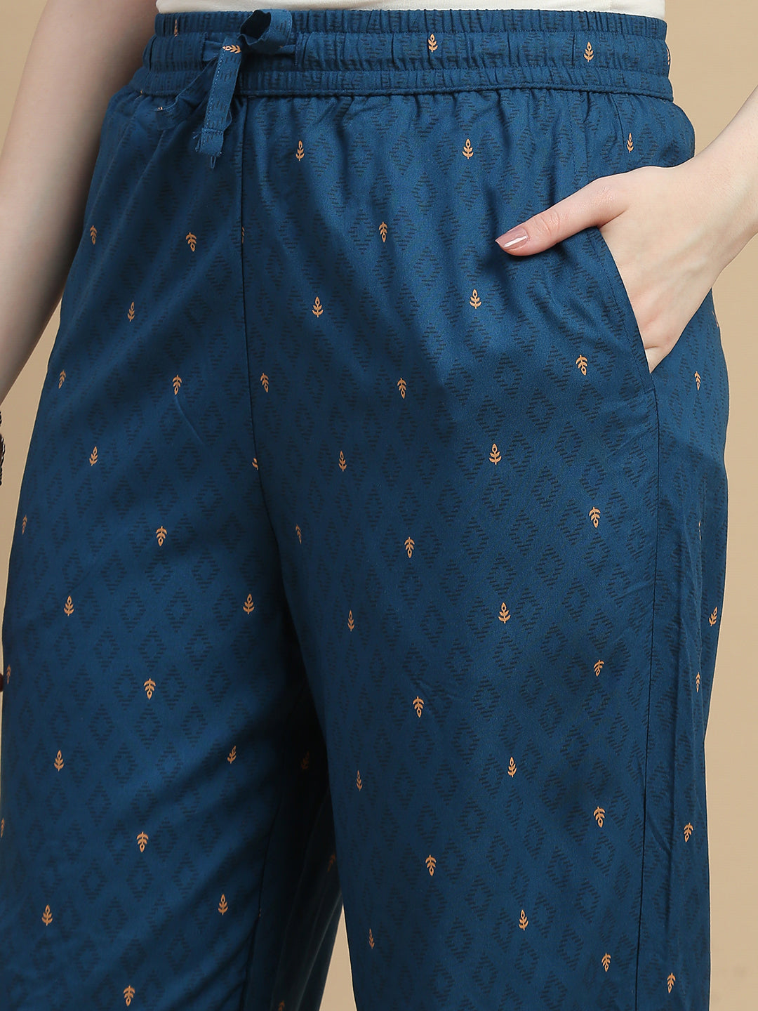De Moza Women Woven Rayon Straight Fit Printed Straight Pant with Functional Pockets Teal Blue - De Moza