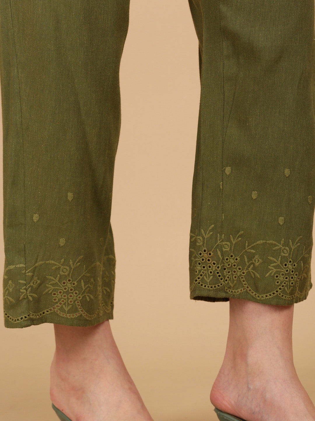 De Moza Women Woven Rayon Regular Fit Palazzo with Functional Pockets Olive Green - De Moza
