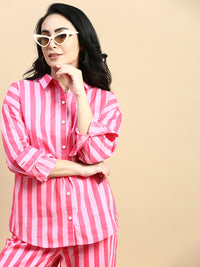Co-Ord Set Striped (Shirt & Wide Leg Pant)-Pink - De Moza