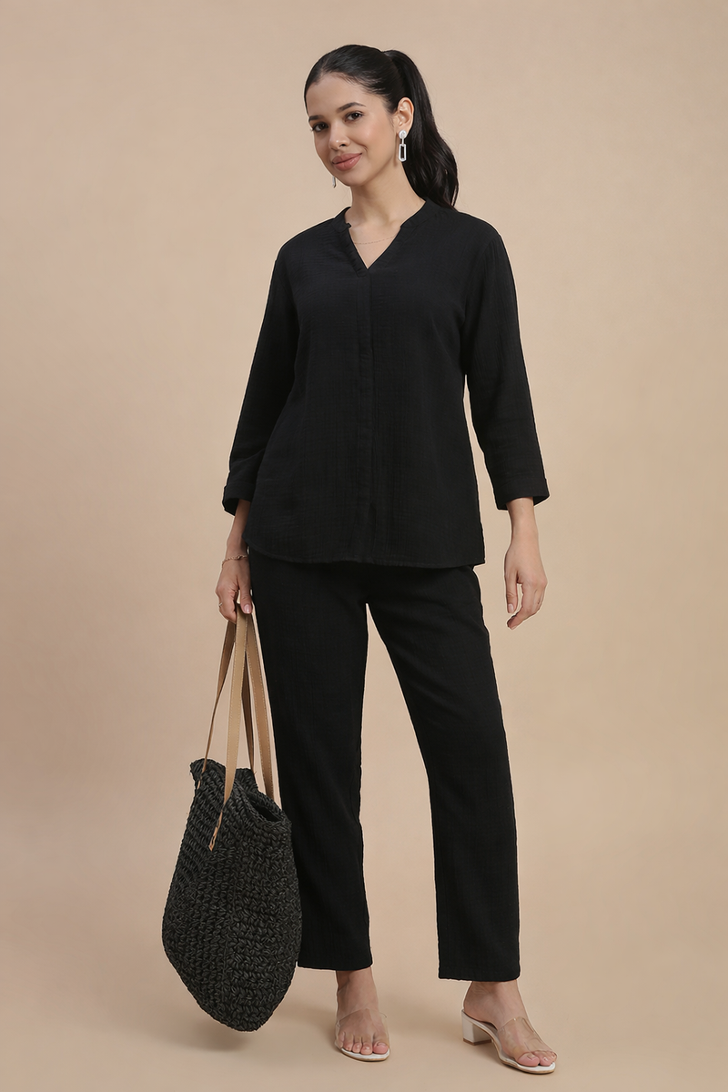 De Moza Women's Officewear Co-ords (Straight Pant & Tunic Top) Black - De Moza