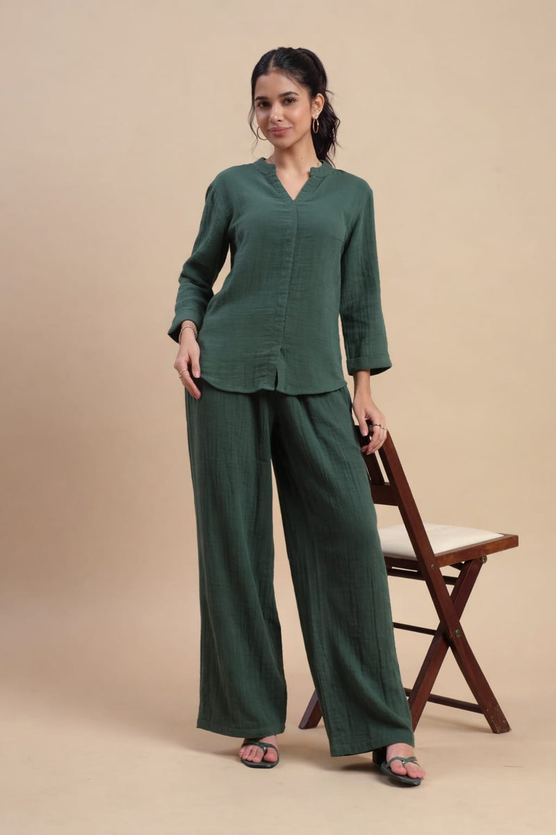 De Moza Women's Officewear Co-ords (Straight Pant & Tunic Top) Bottle Green - De Moza