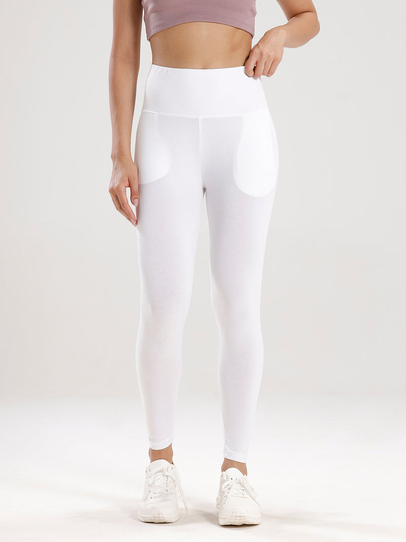 Ankle Length High Waist Leggings-White - De Moza