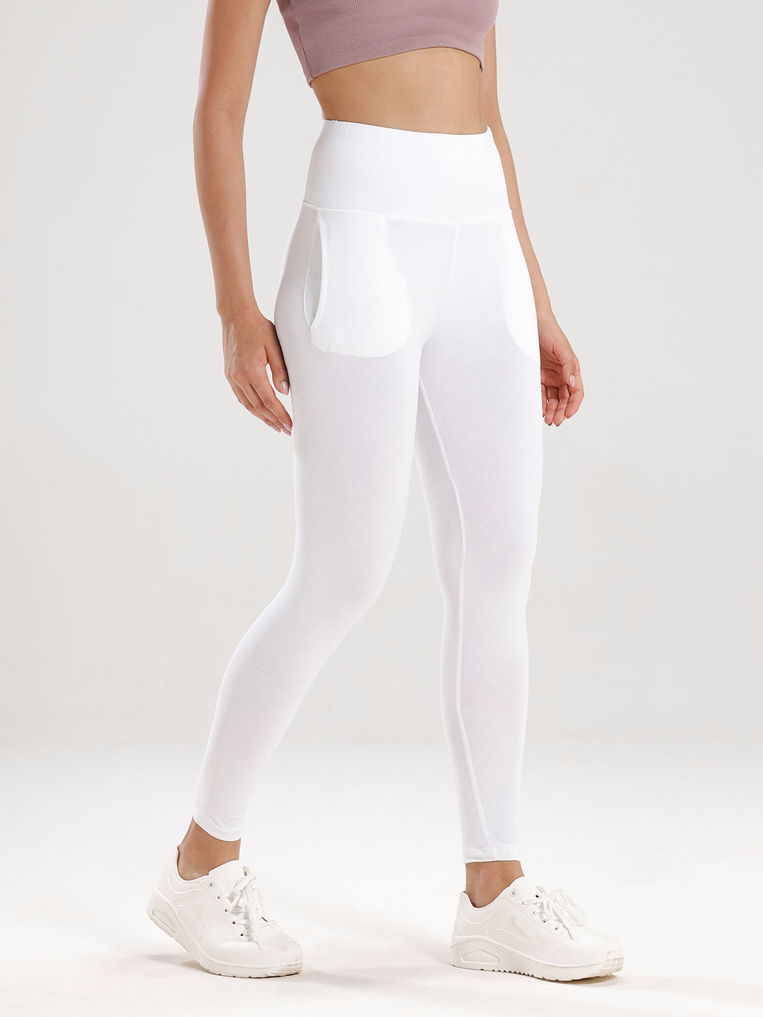 Ankle Length High Waist Leggings-White - De Moza