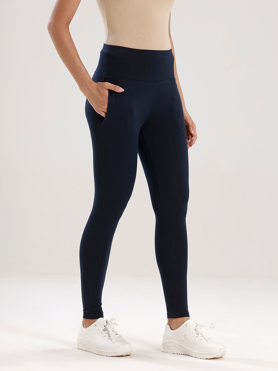 Ankle Length High Waist Leggings-Dark Navy Blue - De Moza