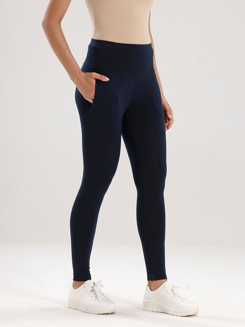 Ankle Length High Waist Leggings-Dark Navy Blue - De Moza