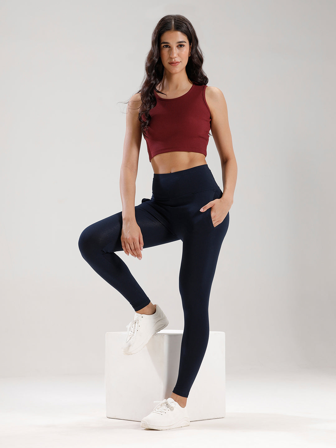 Ankle Length High Waist Leggings-Dark Navy Blue - De Moza