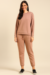 De Moza Women Winter Co-ord set ( Sweatshirt & Jogger)  - Tan