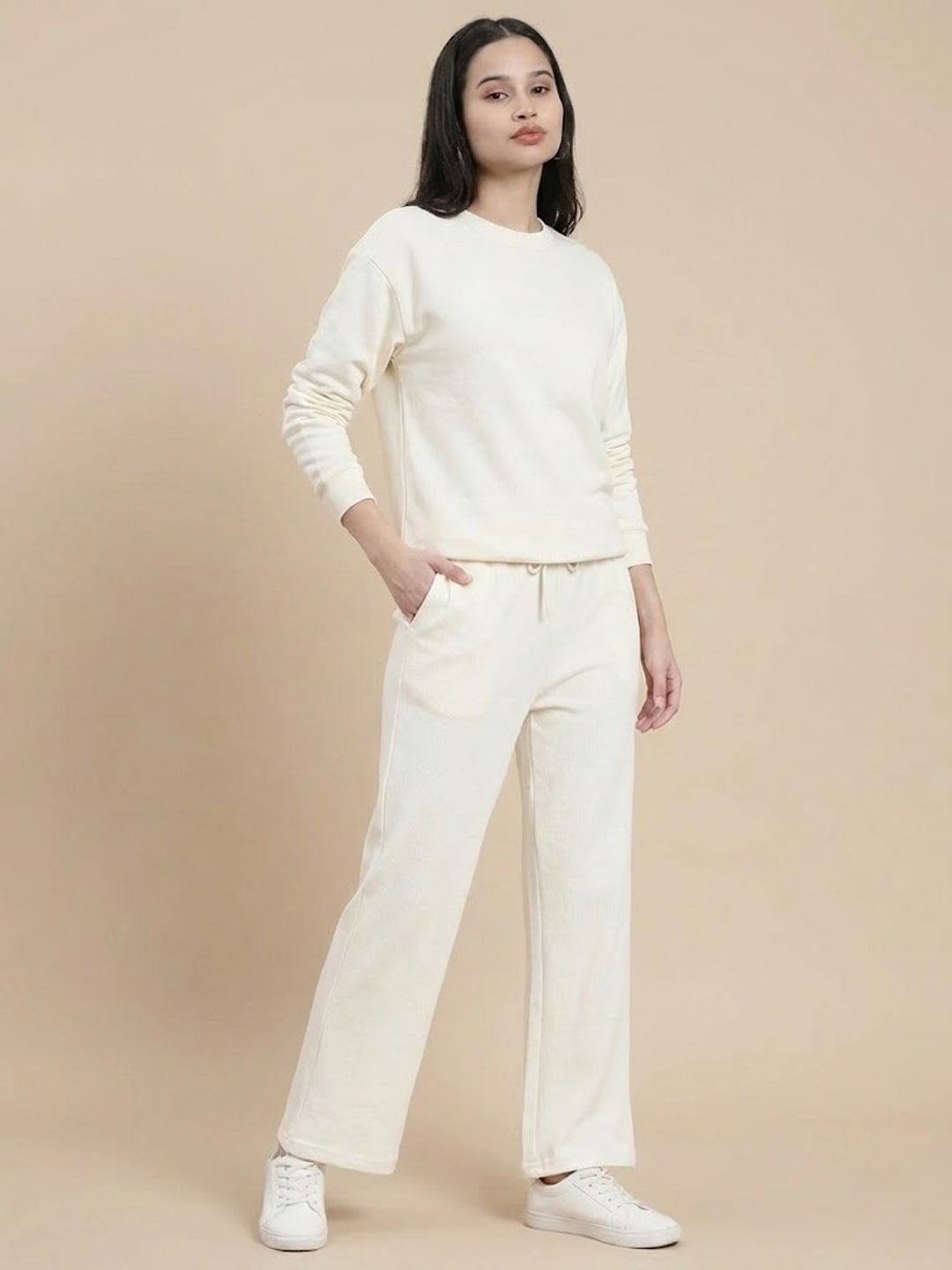 De Moza Women Co-ords with Pack of Pants & Sweat Shirt Cream