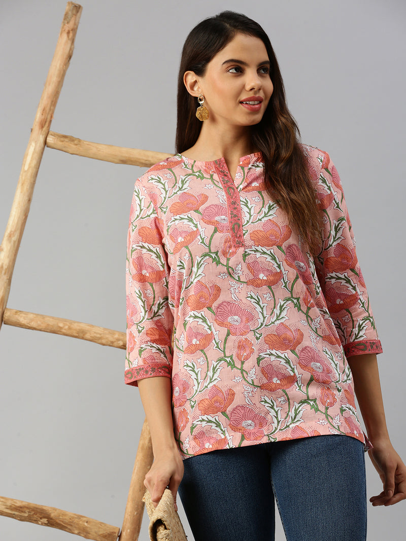 De Moza Women Printed Short Kurti Peach