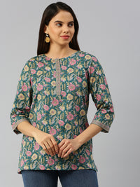 De Moza Women Printed Short Kurti Teal