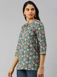 De Moza Women Printed Short Kurti Teal