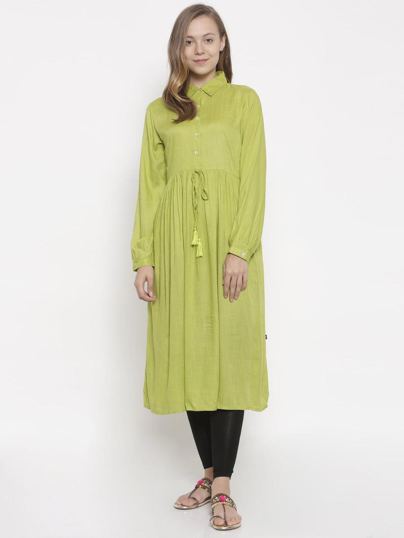 De Moza -Ladies Full Sleeve Kurta Lime - De Moza