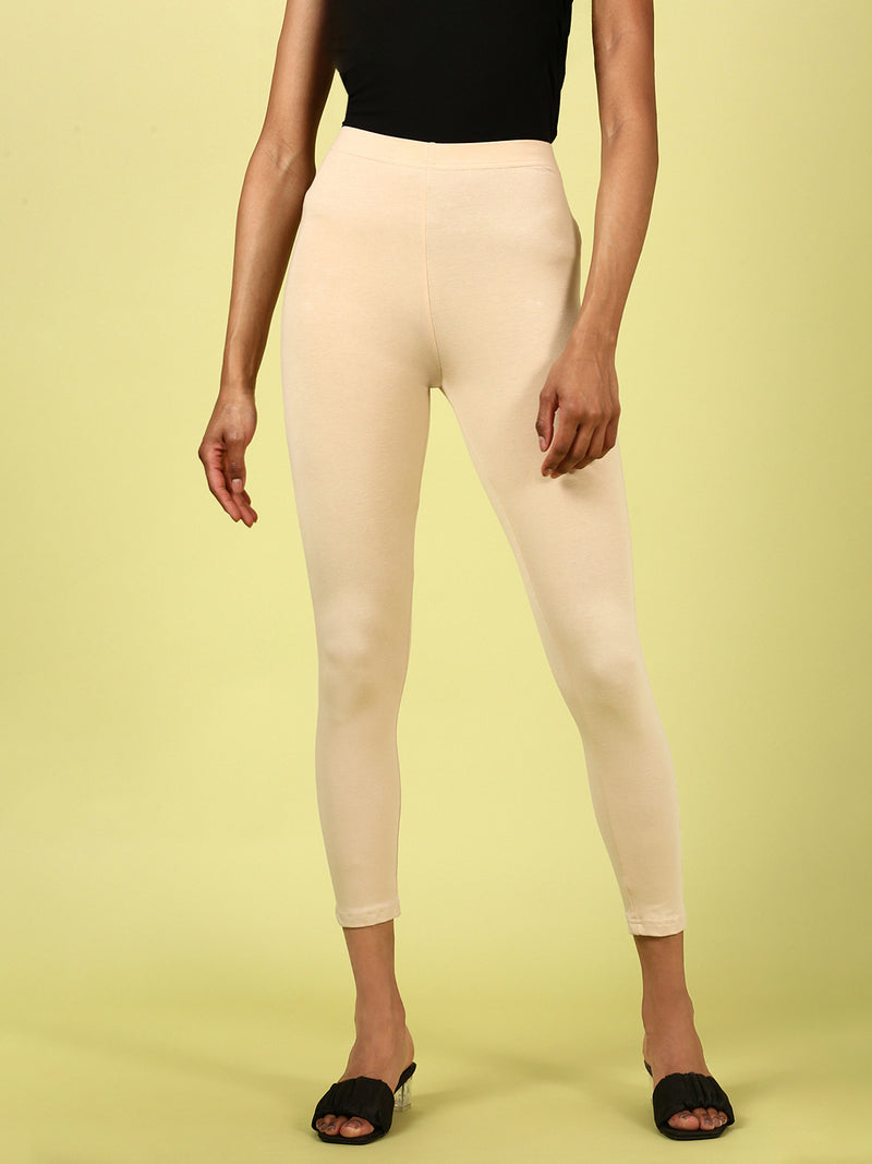 De Moza Ladies Ankle Length Leggings Solid Cotton Beige - De Moza