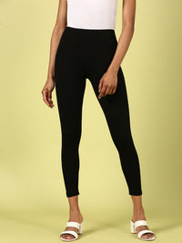 De Moza Ladies Ankle Length Leggings Solid Cotton Black - De Moza