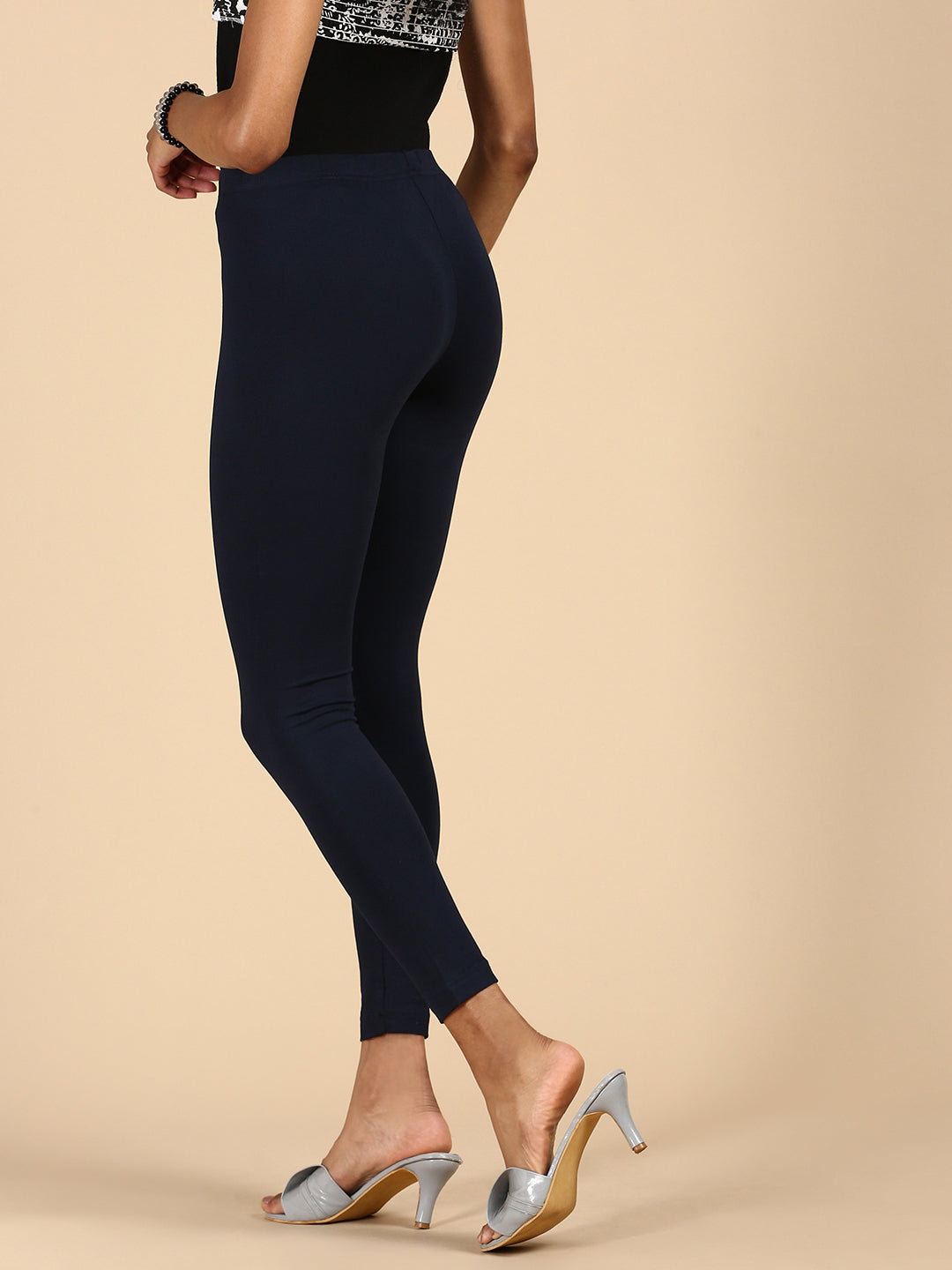 De Moza Ladies Ankle Length Leggings Solid Cotton Dark Navy Blue - De Moza