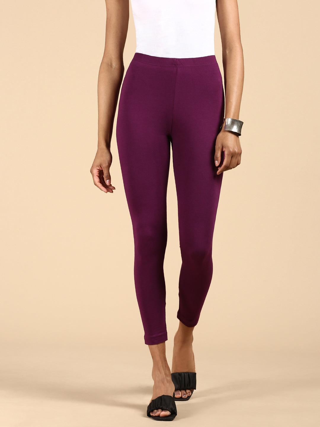 De Moza Ladies Ankle Length Leggings Solid Cotton Dark Purple - De Moza