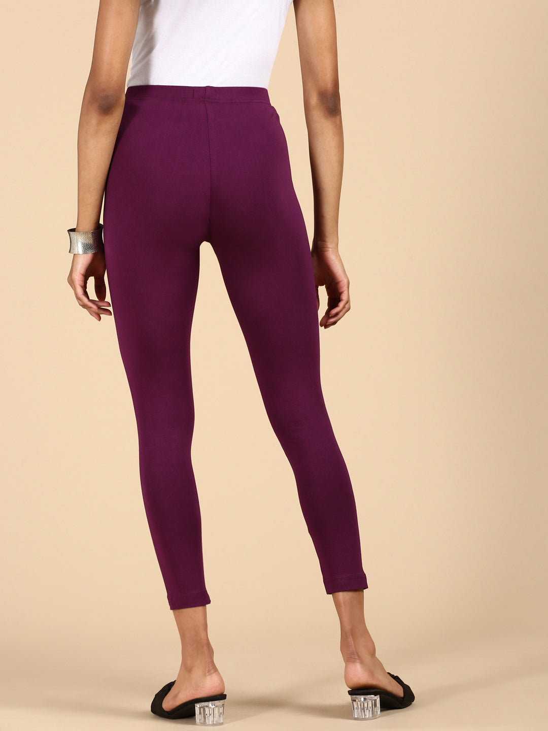 De Moza Ladies Ankle Length Leggings Solid Cotton Dark Purple - De Moza