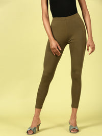 De Moza Ladies Ankle Length Leggings Solid Cotton Olive Green - De Moza