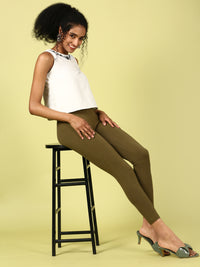 De Moza Ladies Ankle Length Leggings Solid Cotton Olive Green - De Moza