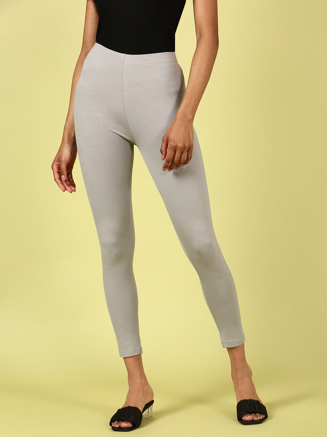 De Moza Ladies Ankle Length Leggings Solid Cotton Light Grey - De Moza