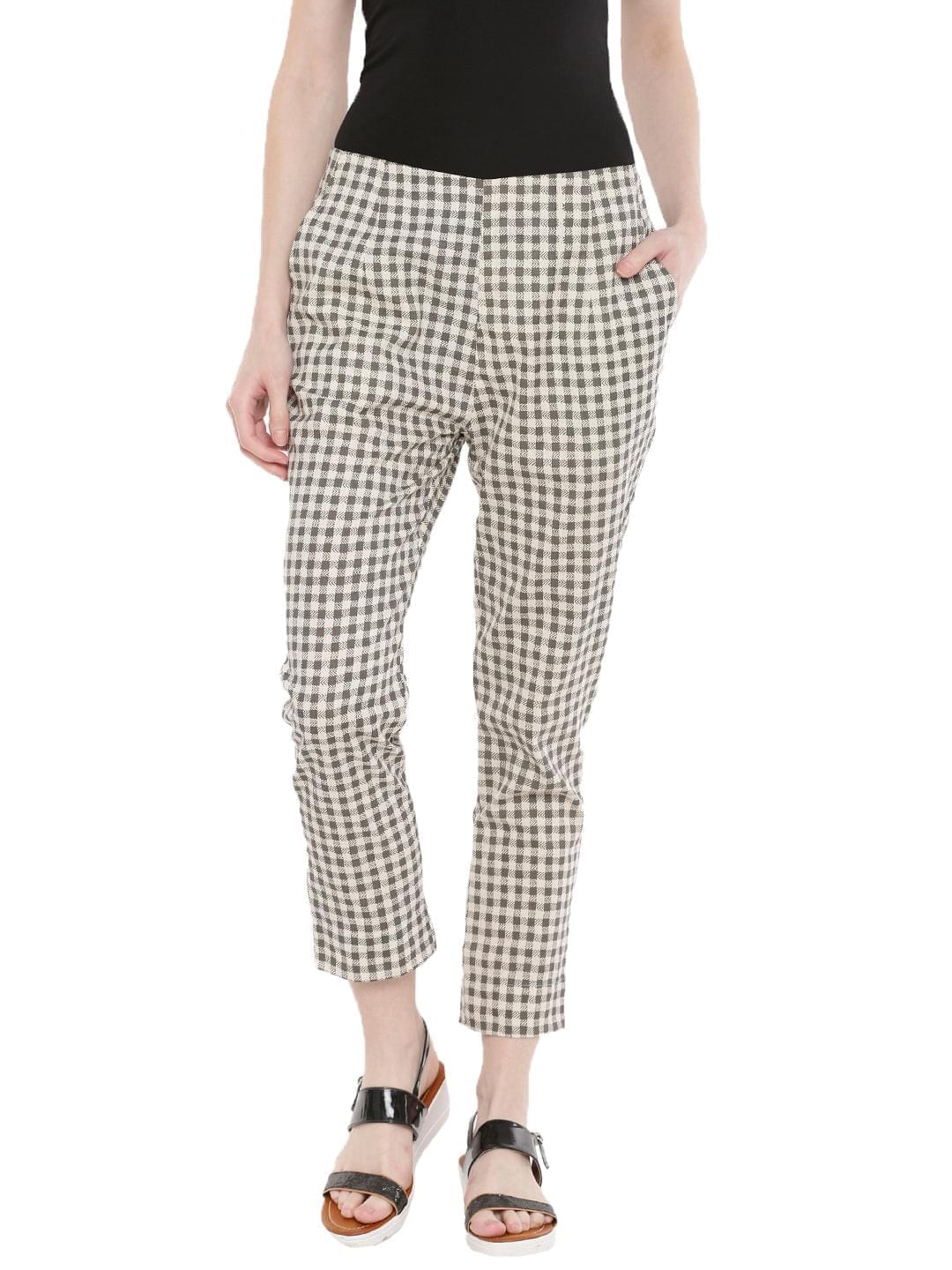 De Moza -Ladies Printed Cigarette Trousers White & Grey - De Moza