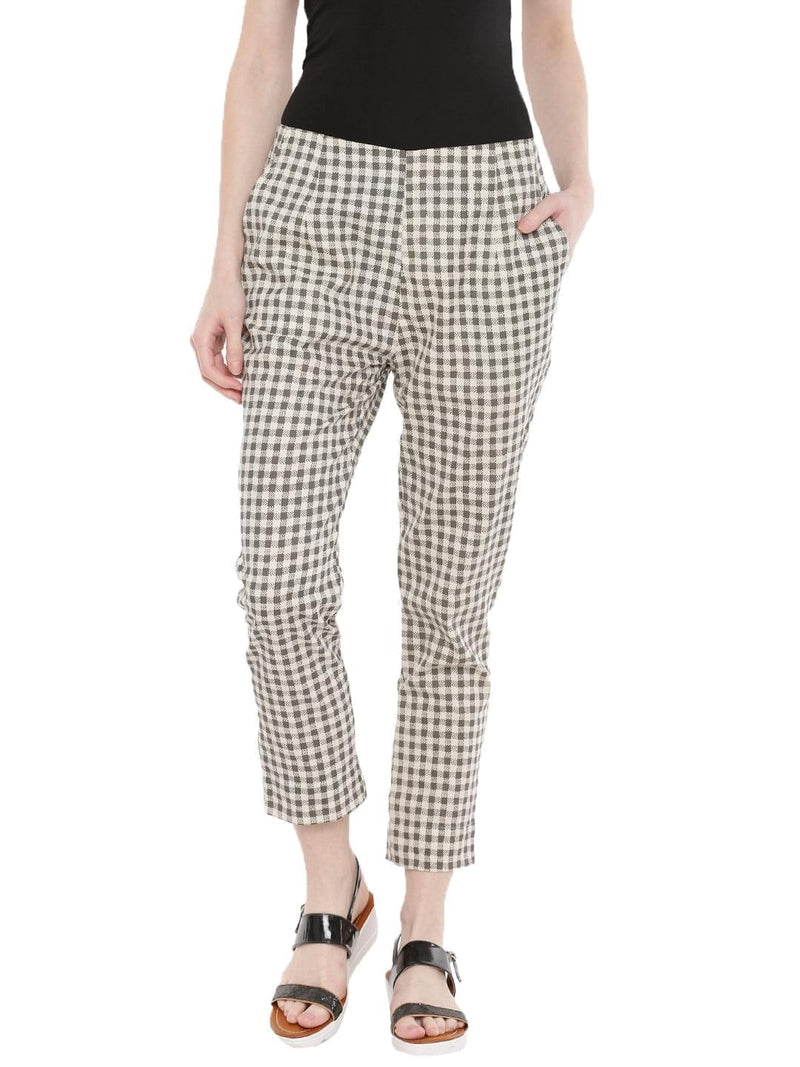 De Moza -Ladies Printed Cigarette Trousers White & Grey - De Moza