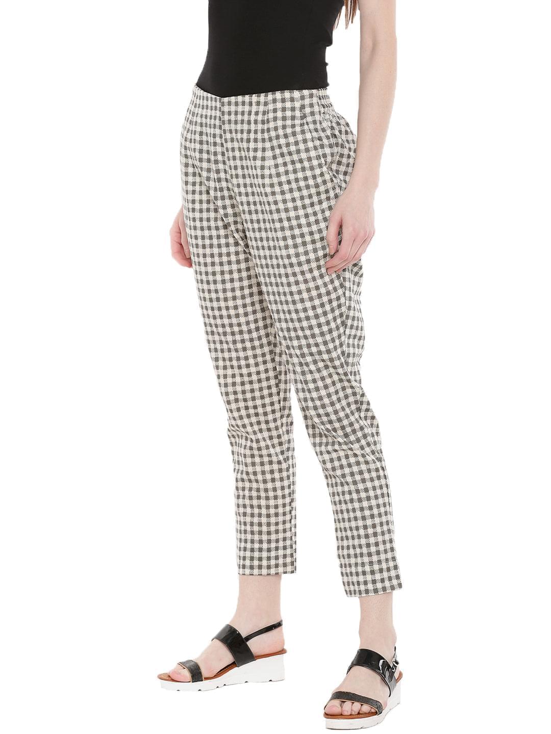 De Moza -Ladies Printed Cigarette Trousers White & Grey - De Moza
