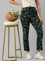 De Moza Women Printed Straight Pants Bottle Green