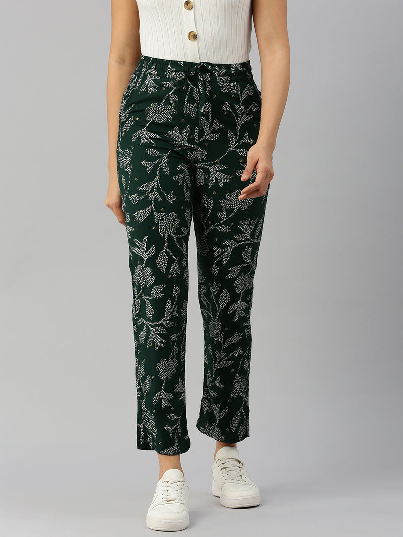 De Moza Women Printed Straight Pants Bottle Green