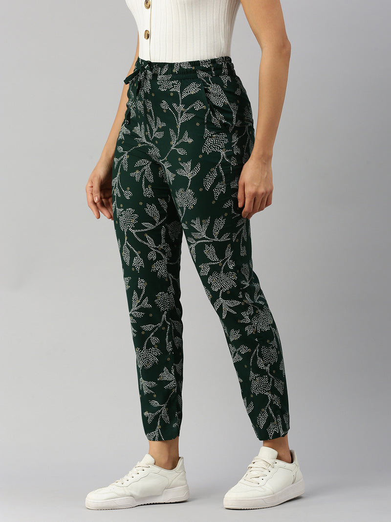 De Moza Women Printed Straight Pants Bottle Green