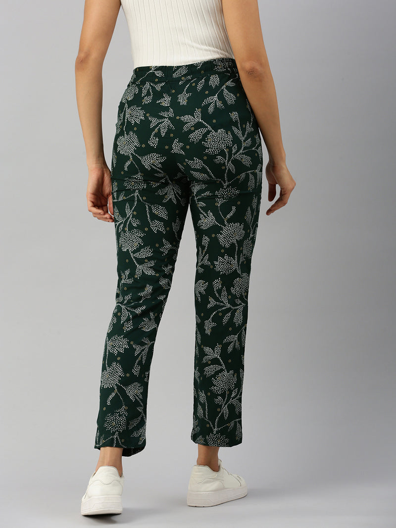 De Moza Women Printed Straight Pants Bottle Green